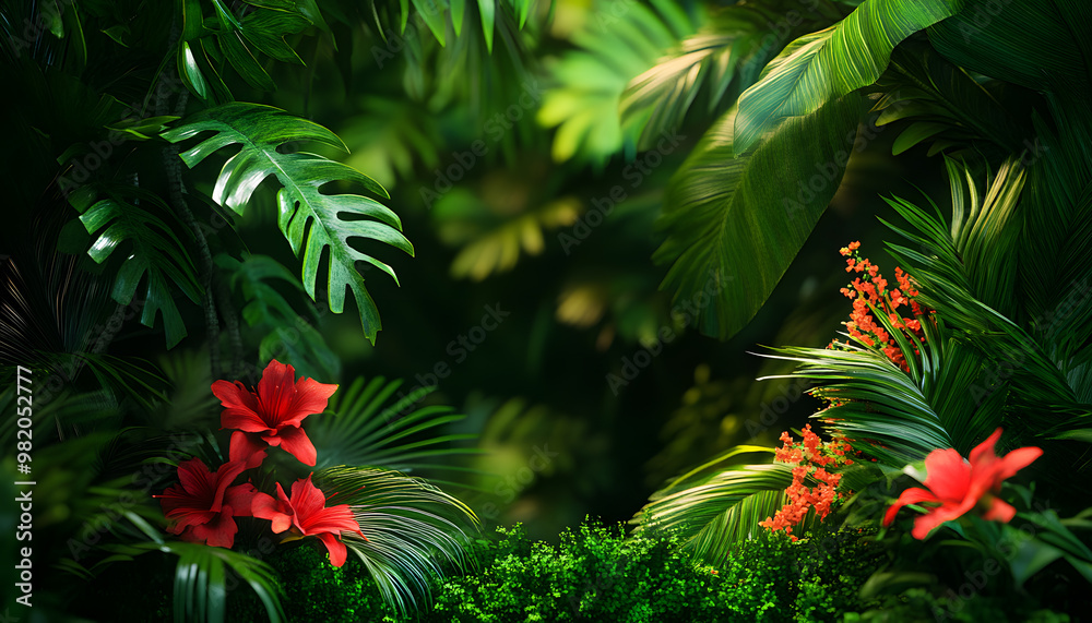 A lush jungle scene with vibrant green leaves and exotic flowers, bringing the warmth of the tropics to your screen A lush jungle scene with vibrant green leaves and exotic flowers, bringing the warmth of the tropics to your screen