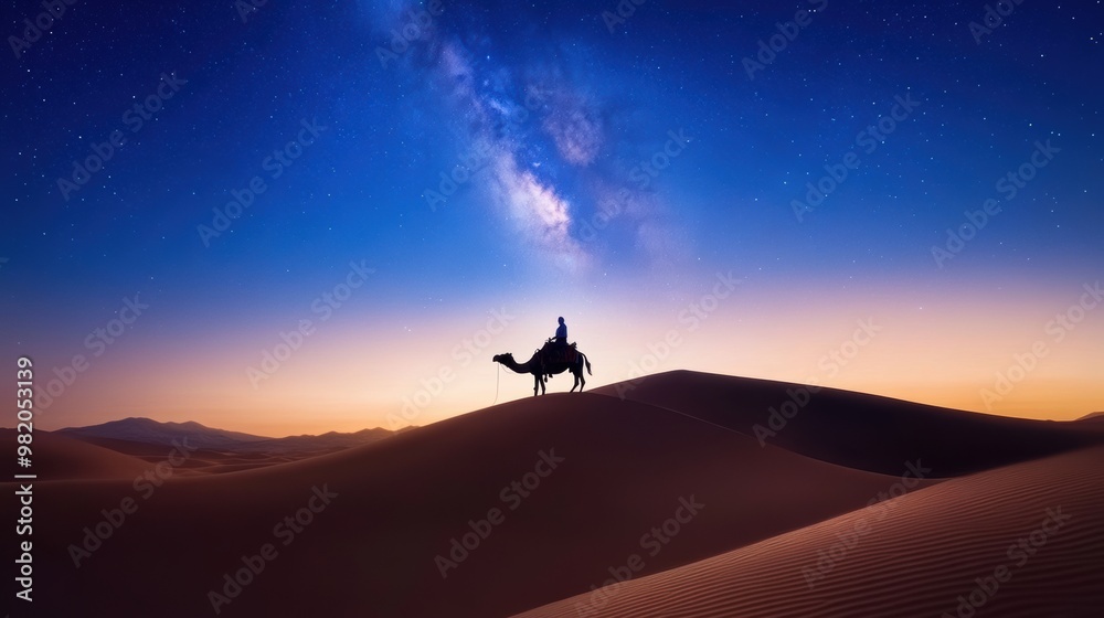 A person riding a camel in the desert under a starry sky, AI A person riding a camel in the desert under a starry sky, AI