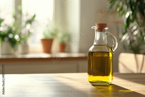 A glass bottle of olive oil sits on a wooden kitchen table surrounded by sunlight and green plants during the day