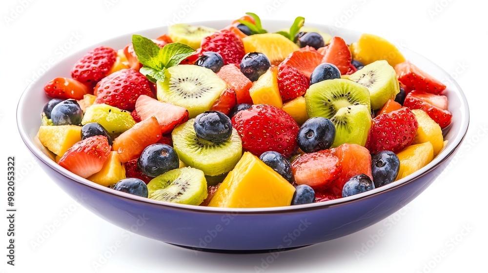 Fresh fruit salad with strawberries, blueberries, kiwi, and mango in a blue bowl.
