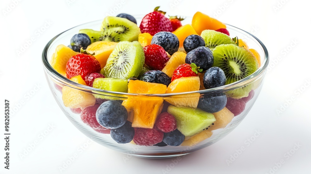 A bowl of fresh fruit salad with kiwi, strawberries, blueberries and cantaloupe. A bowl of fresh fruit salad with kiwi, strawberries, blueberries and cantaloupe.