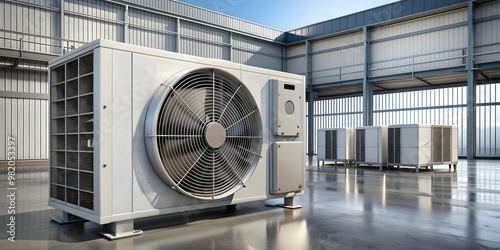 rendering of condenser unit with fan, coil, and pump outside factory plant , HVAC