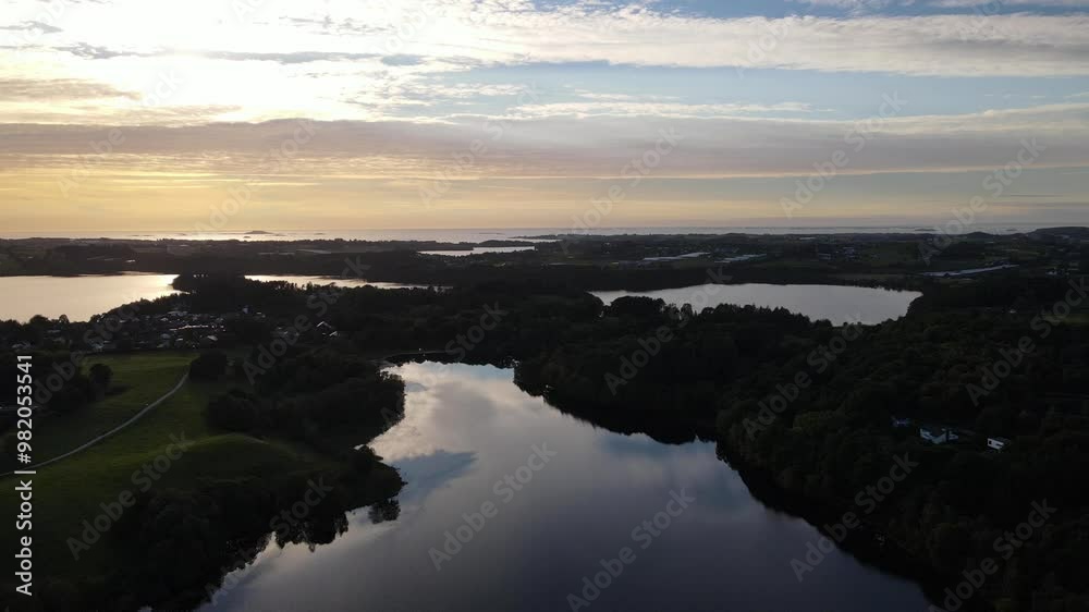 Aerial Drone Shot of Lake Stokkavatnet at Sunset, Stavanger, Norway