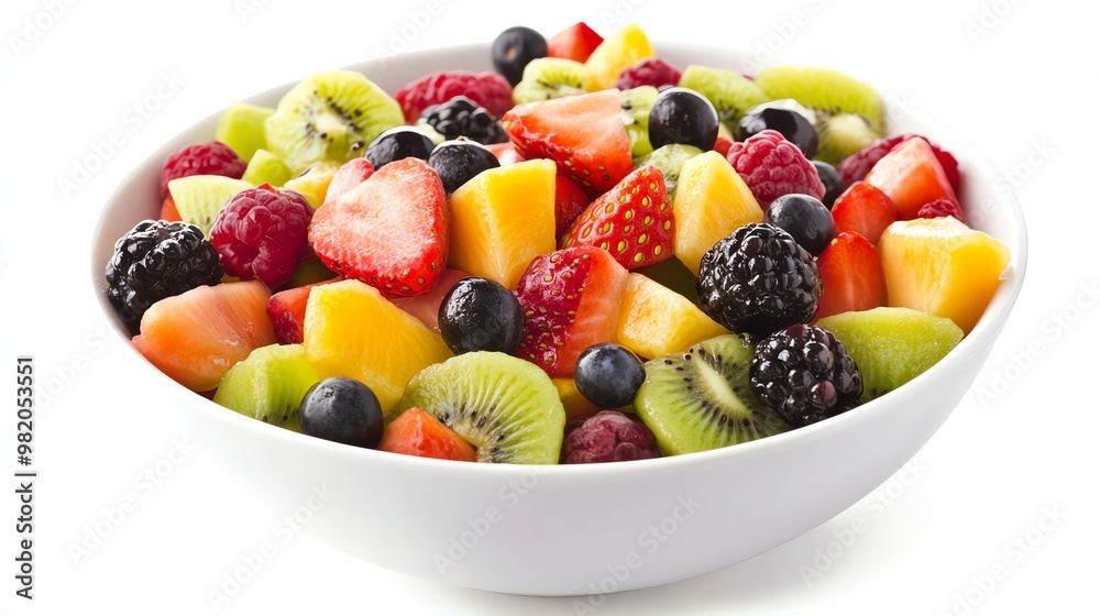 A bowl of fresh fruit salad with strawberries, blueberries, kiwi, and mango. A bowl of fresh fruit salad with strawberries, blueberries, kiwi, and mango.