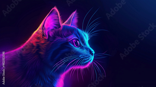 Illustration of a cat, UV-reactive paint effect, Vibrant neon colors glowing in the dark, Stylized artistic design, Abstract background with light reflections, Futuristic and modern fee