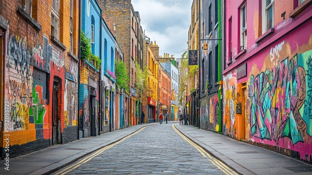 Fototapeta premium A vibrant street scene featuring colorful graffiti on urban buildings and cobblestone pavement.