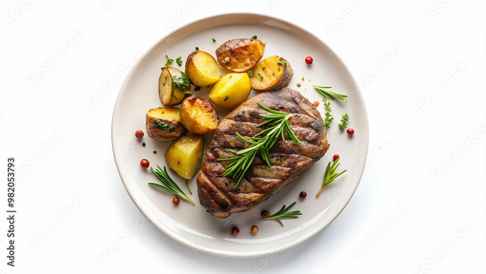 Top view of a mouthwatering steak and potatoes dish with a sprinkle of herbs and spices on a white plate isolated on a background Top view of a mouthwatering steak and potatoes dish with a sprinkle of herbs and spices on a white plate isolated on a background