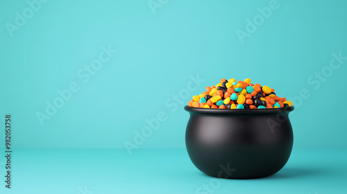 A vibrant black pot filled with colorful candies against a bright turquoise background, perfect for festive decorations. photo