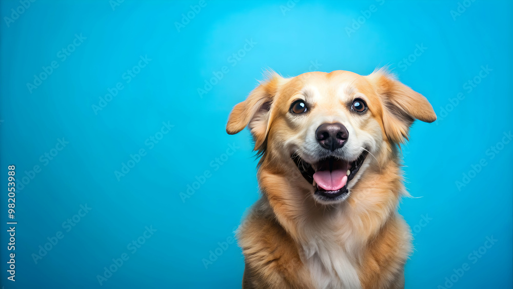 Happy dog standing on a vibrant blue background with copy space, dog, pet, happy, animal, blue, background, copy space, playful Happy dog standing on a vibrant blue background with copy space, dog, pet, happy, animal, blue, background, copy space, playful
