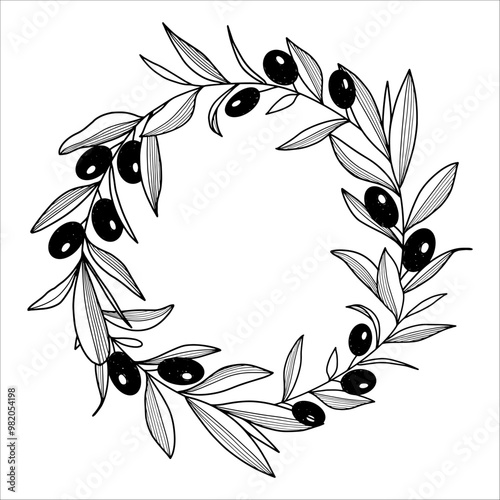 Hand drawn wreath with ripe olive berries, olive branches. Vector illustration