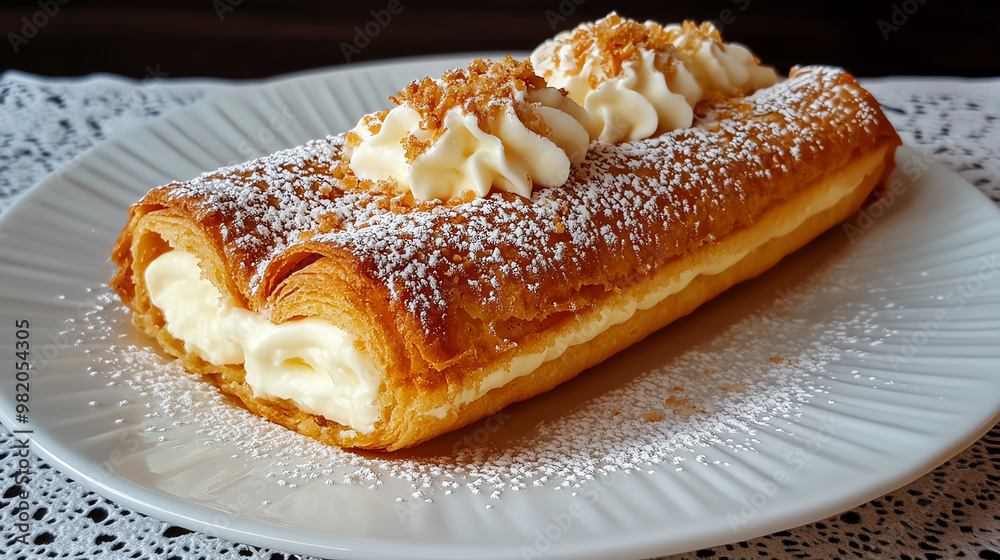 Delicious cream-filled pastry topped with whipped cream and powdered sugar, perfect for dessert lovers and special occasions. Delicious cream-filled pastry topped with whipped cream and powdered sugar, perfect for dessert lovers and special occasions.