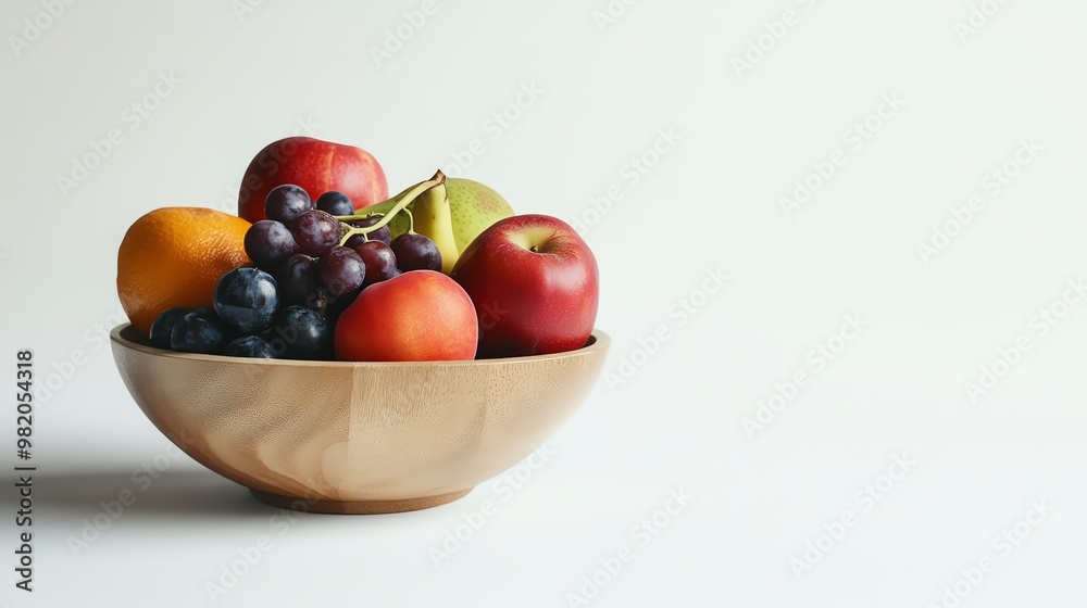 A wooden bowl filled with fresh fruit, including apples, grapes, oranges and a pear. A wooden bowl filled with fresh fruit, including apples, grapes, oranges and a pear.