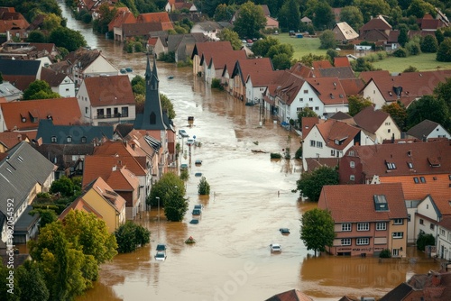 Flooding in European Villages , Impact of Global Warming , Generative AI photo