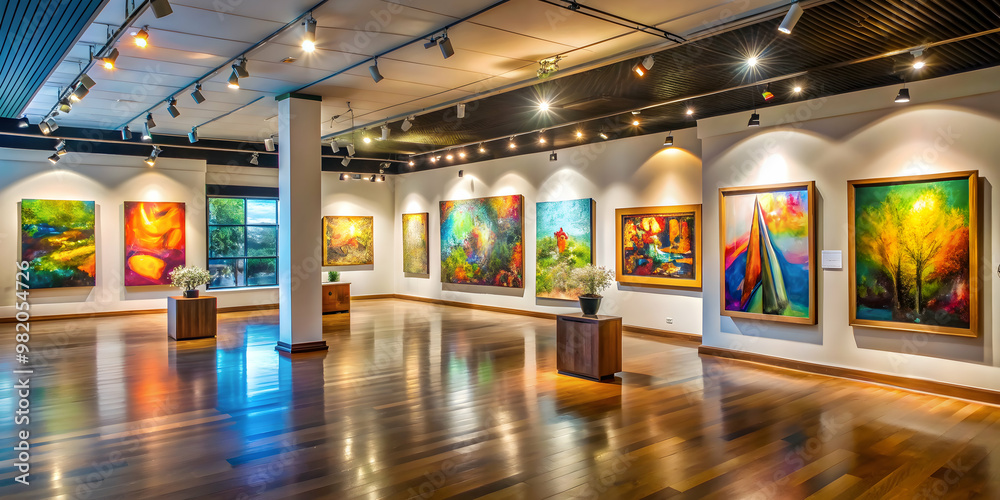 Vibrant and captivating art pieces showcased in an elegant gallery setting, art, gallery, display, exhibit Vibrant and captivating art pieces showcased in an elegant gallery setting, art, gallery, display, exhibit