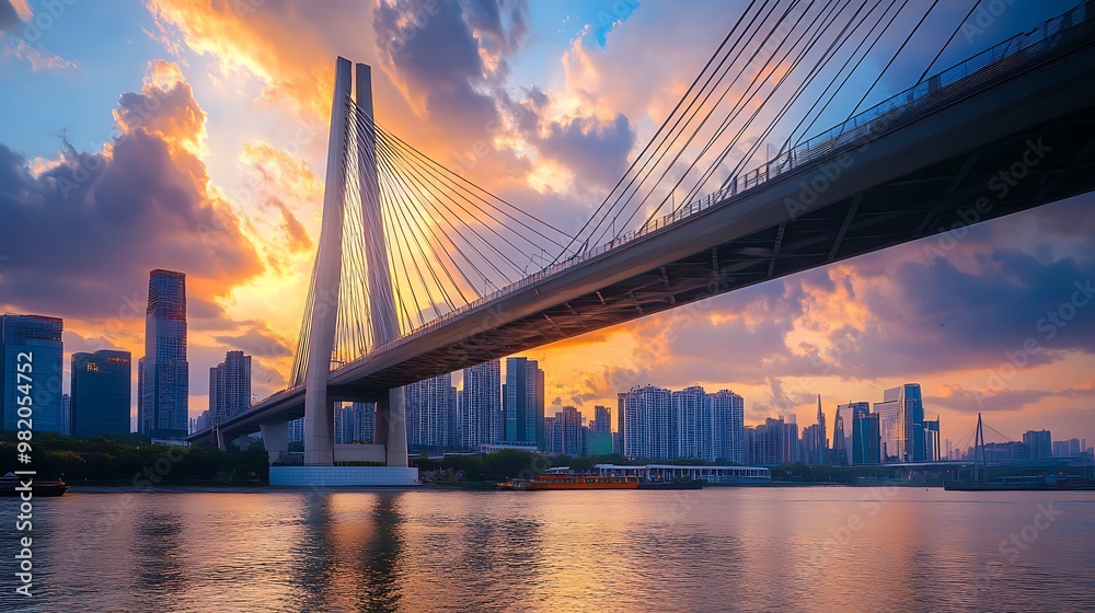 A cable-stayed bridge spanning a river at sunset in a modern city with tall buildings and boats