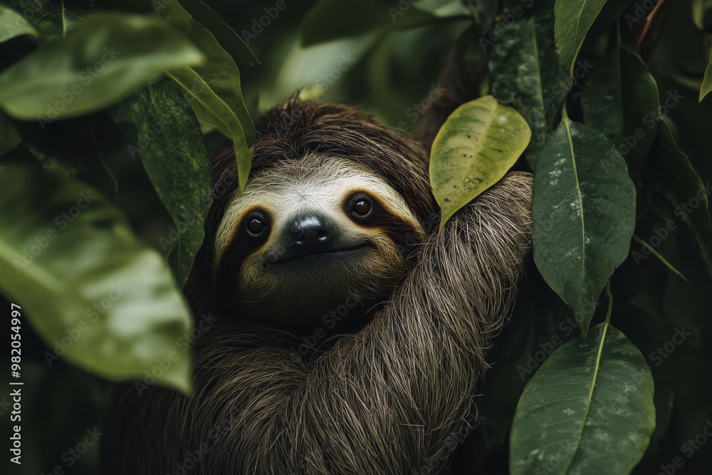 A sloth leisurely reaching for lush green leaves in a vibrant tropical rainforest during the peaceful afternoon A sloth leisurely reaching for lush green leaves in a vibrant tropical rainforest during the peaceful afternoon