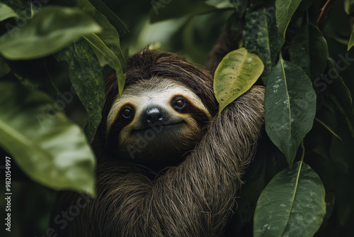 A sloth leisurely reaching for lush green leaves in a vibrant tropical rainforest during the peaceful afternoon photo