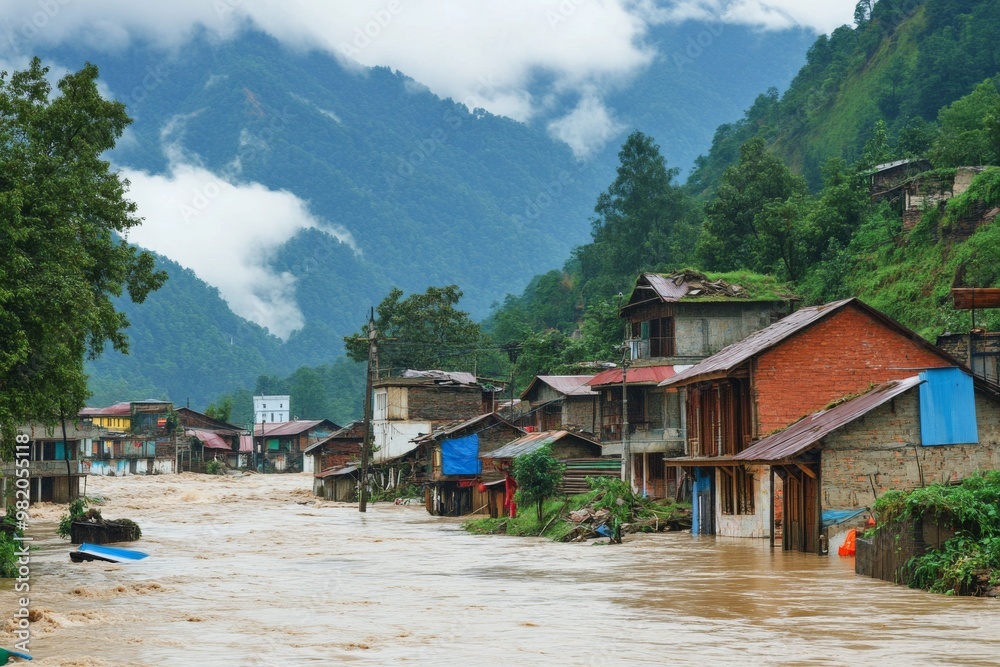 Naklejka premium Flooding in mountain villages, Impact of global warming , Generative AI
