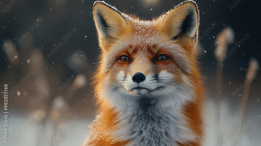 An orange fox with its thick winter coat, isolated in a snowy forest