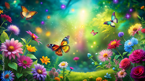 Enchanted garden scene with neon colored flowers and butterflies , Enchanted, garden, scene, neon, colored, flowers