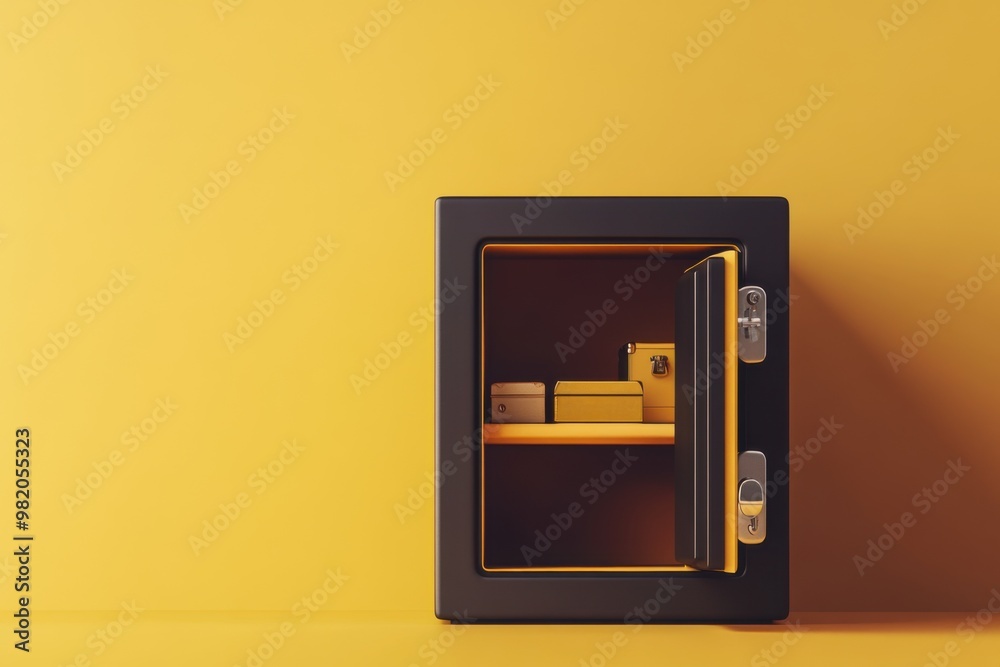 A minimal home safe with an open door on a bright yellow wall showcasing neatly stored valuables A minimal home safe with an open door on a bright yellow wall showcasing neatly stored valuables