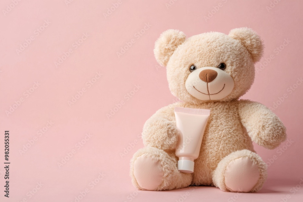 A cheerful teddy bear holding a gentle skincare cream on a soft pink background during a bright moment of playtime A cheerful teddy bear holding a gentle skincare cream on a soft pink background during a bright moment of playtime