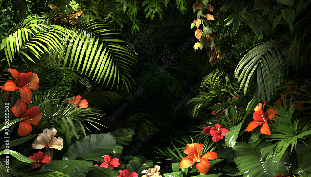 A lush jungle scene with vibrant green leaves and exotic flowers, bringing the warmth of the tropics to your screen A lush jungle scene with vibrant green leaves and exotic flowers, bringing the warmth of the tropics to your screen