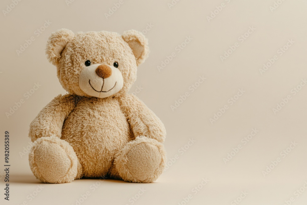 A soft smiling teddy bear sitting upright on a neutral background with a cheerful expression A soft smiling teddy bear sitting upright on a neutral background with a cheerful expression