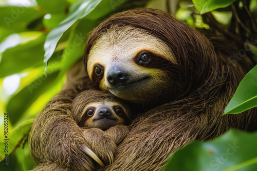 A sloth mother with her baby resting among lush green leaves in a vibrant rainforest during the day