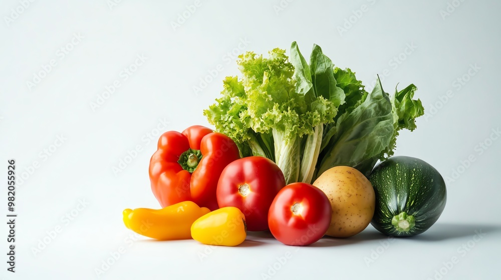 Fresh vegetables, including tomatoes, peppers, zucchini, and lettuce, on a white background. Fresh vegetables, including tomatoes, peppers, zucchini, and lettuce, on a white background.