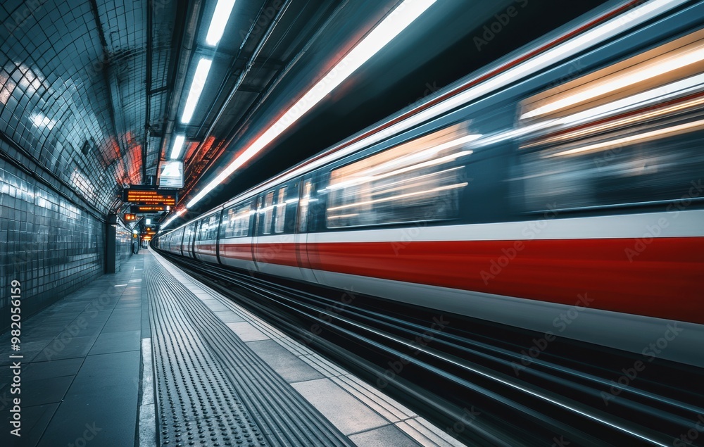 A fast-moving subway train captured with a long exposure, creating dynamic light trails and a sense of speed. The image emphasizes urban motion and modern transportation.