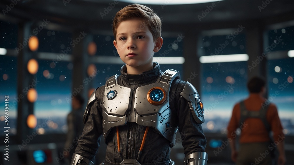 A boy dressed as a futuristic robot pilot with a mech suit and a space station backdrop. A boy dressed as a futuristic robot pilot with a mech suit and a space station backdrop.