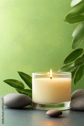 A tranquil scene featuring a lit candle, smooth stones, and lush greenery against a soft green background, perfect for relaxation.