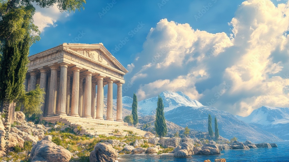 Obraz premium The Vintage Greek Roman temple timeless style beauty and graceful columns inspire artists and reflect a universal pursuit of elegance.
