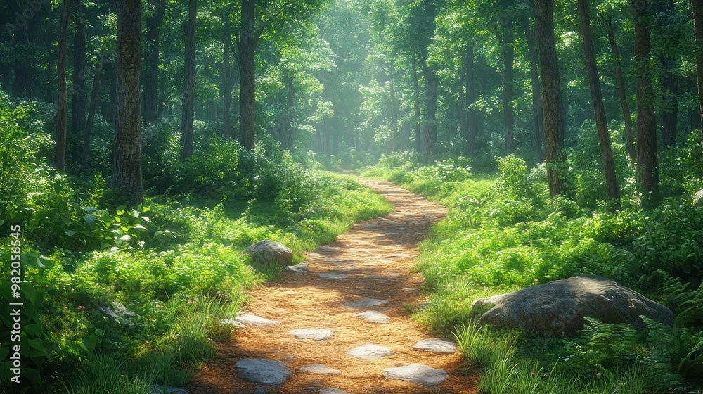 Fototapeta premium Serene forest path surrounded by lush greenery and sunlight.