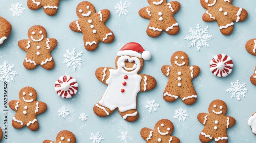 A festive arrangement of gingerbread cookies, including a snowman in a Santa hat, surrounded by peppermint candies on a light blue background. A festive arrangement of gingerbread cookies, including a snowman in a Santa hat, surrounded by peppermint candies on a light blue background.