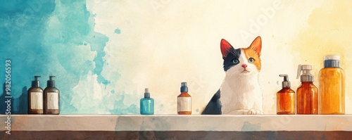 A colorful, artistic depiction featuring a cat with various bottles of cosmetics arranged on a shelf. photo