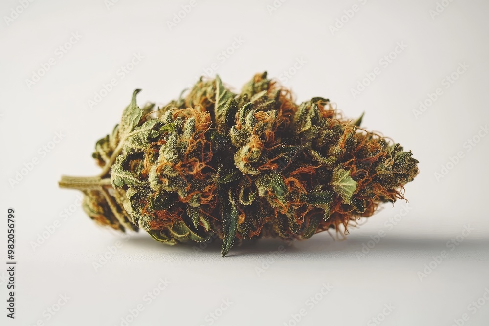 Close-up of a Green Cannabis Bud Showcasing Its Texture and Color Against a Plain Background