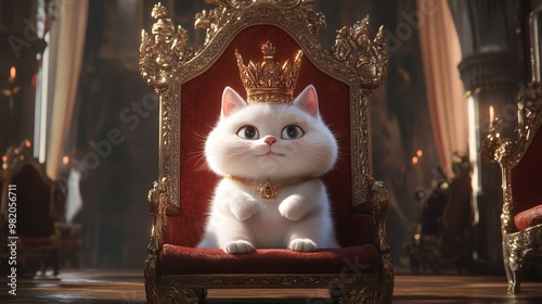 A cute white cat wearing a golden crown sits on a throne in a grand palace.
