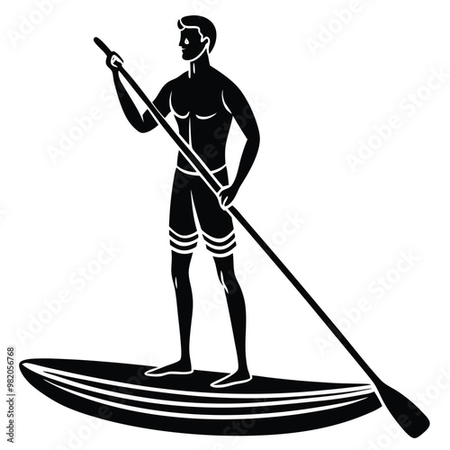 a man is standing on a paddle board with a paddle silhouette vector