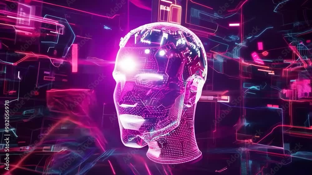 Futuristic concept: glowing cyber head in a digital matrix environment Futuristic concept: glowing cyber head in a digital matrix environment