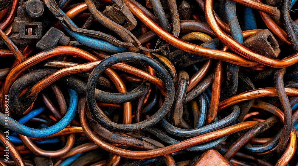 A close-up view of intertwined electrical wires showcasing various colors and textures, ideal for industrial or recycling themes. A close-up view of intertwined electrical wires showcasing various colors and textures, ideal for industrial or recycling themes.