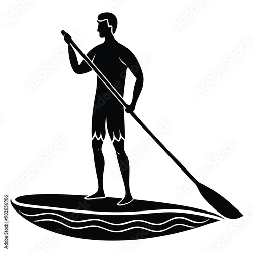 a man is standing on a paddle board with a paddle silhouette vector