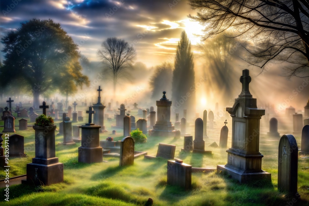 Cemetery bathed in ethereal sunrise with fog and sunbeams