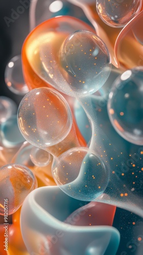 Abstract Composition of Colorful Bubbles and Fluid Shapes With Shimmering Textures in a Close-Up View