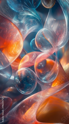 Vibrant Abstract Composition of Colorful Bubbles Floating Within a Swirling Background of Shimmering Light and Soft Textures