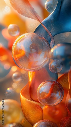 Colorful Bubbles Swirling Gracefully in an Artistic Arrangement With Vibrant Backgrounds and Flowing Shapes in a Soft Light Setting