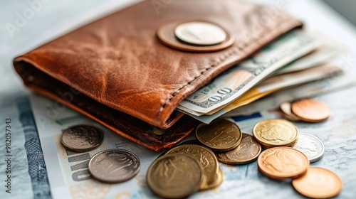 A wallet with a bunch of coins and bills on top of it