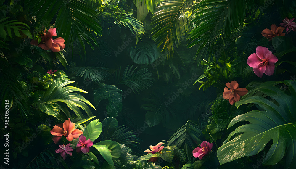 A lush jungle scene with vibrant green leaves and exotic flowers, bringing the warmth of the tropics to your screen A lush jungle scene with vibrant green leaves and exotic flowers, bringing the warmth of the tropics to your screen