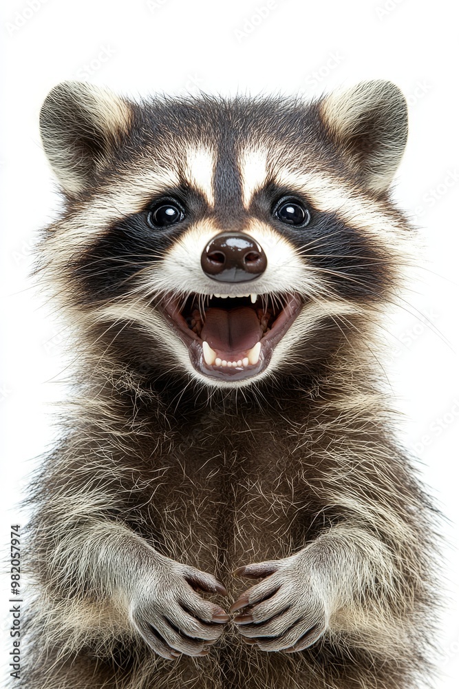 A Joyful Raccoon With a Wide Grin Stands Against a Bright Background, Showcasing Its Playful Nature and Fluffy Fur A Joyful Raccoon With a Wide Grin Stands Against a Bright Background, Showcasing Its Playful Nature and Fluffy Fur